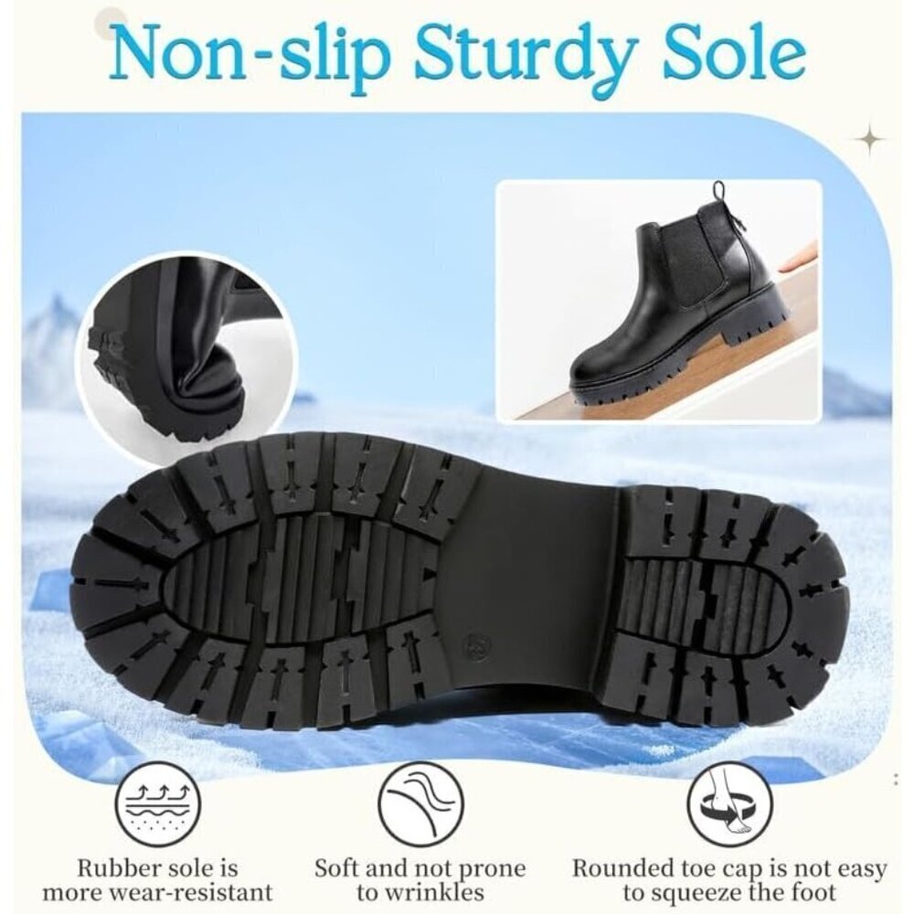 🆕Black Faux Leather Ankle Boots for Women, Waterproof, Chunky Heel, Comfortable - Picture 4 of 7